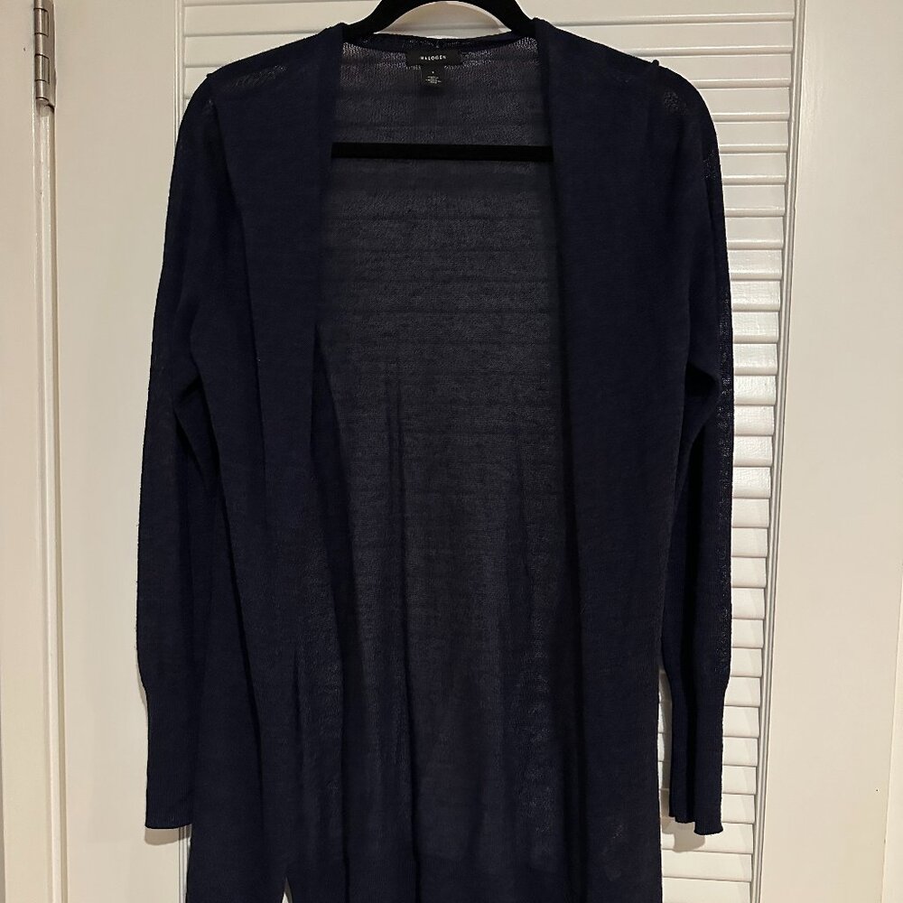 Halogen Navy Blue Linen Blend Longline Open Front Cardigan - Size S
